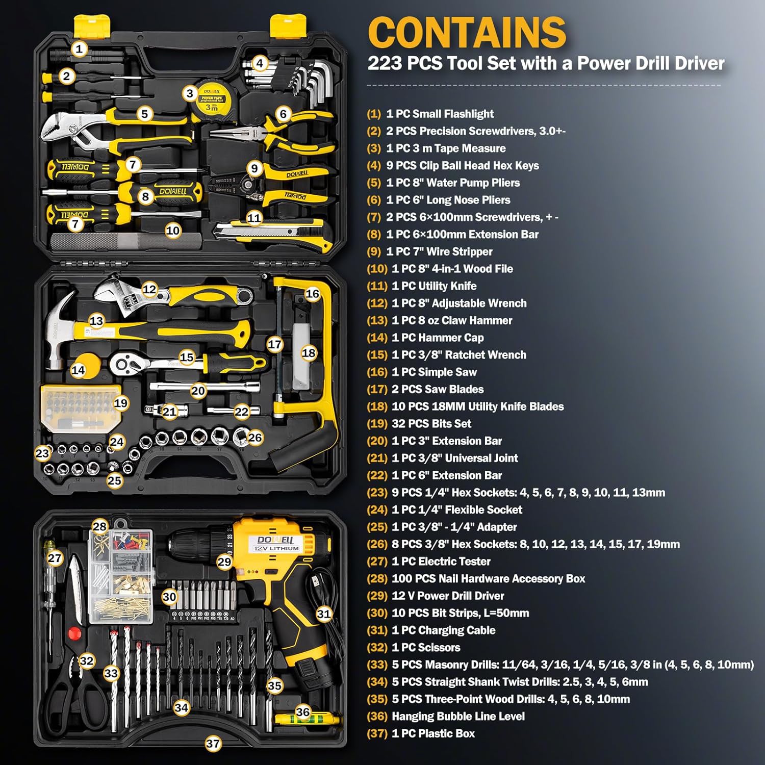 DOWELL 223-Piece Tool Kit Review – 12V Cordless Drill Set for Home Repair &amp;amp; DIY Projects